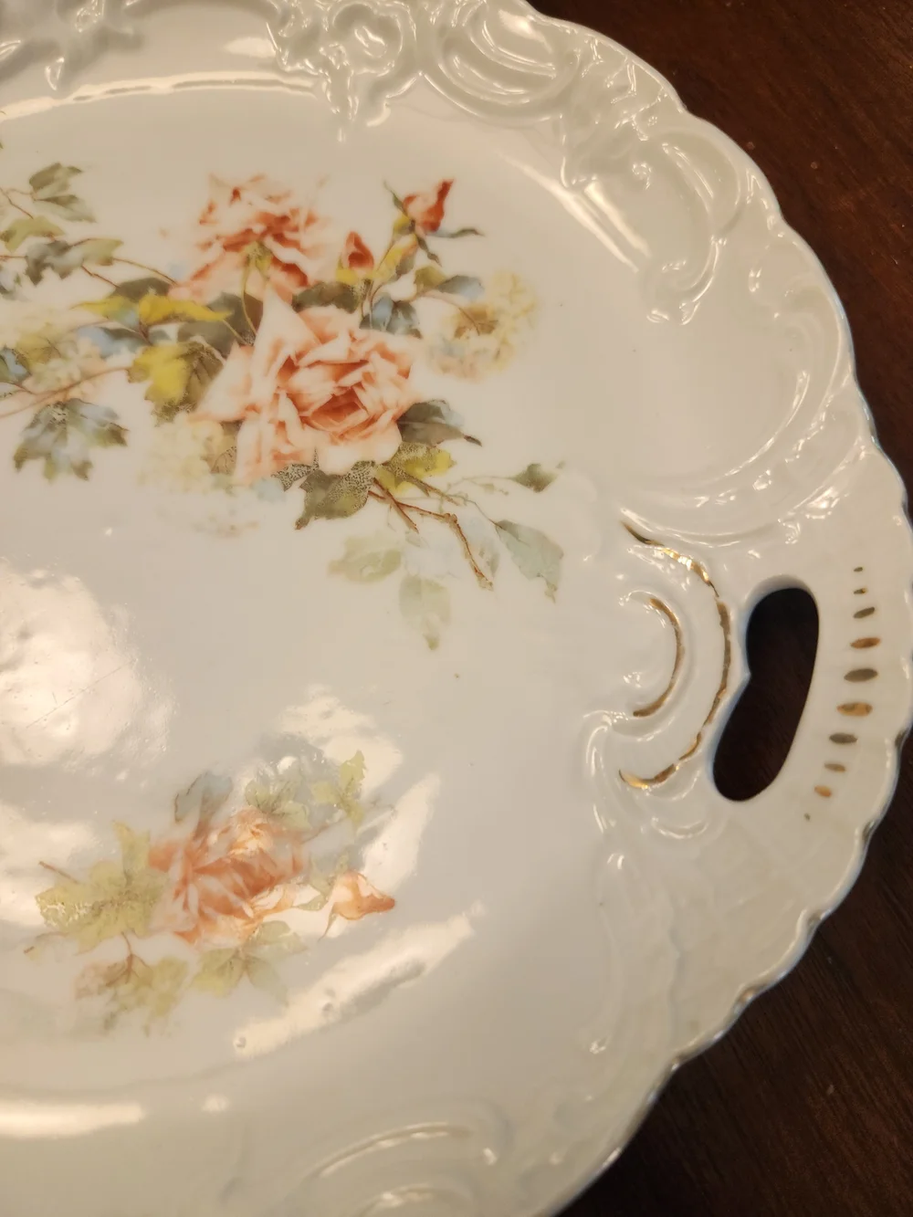 Source Unknown White Porcelain Serving Platter with Pink and Green Rose Motif